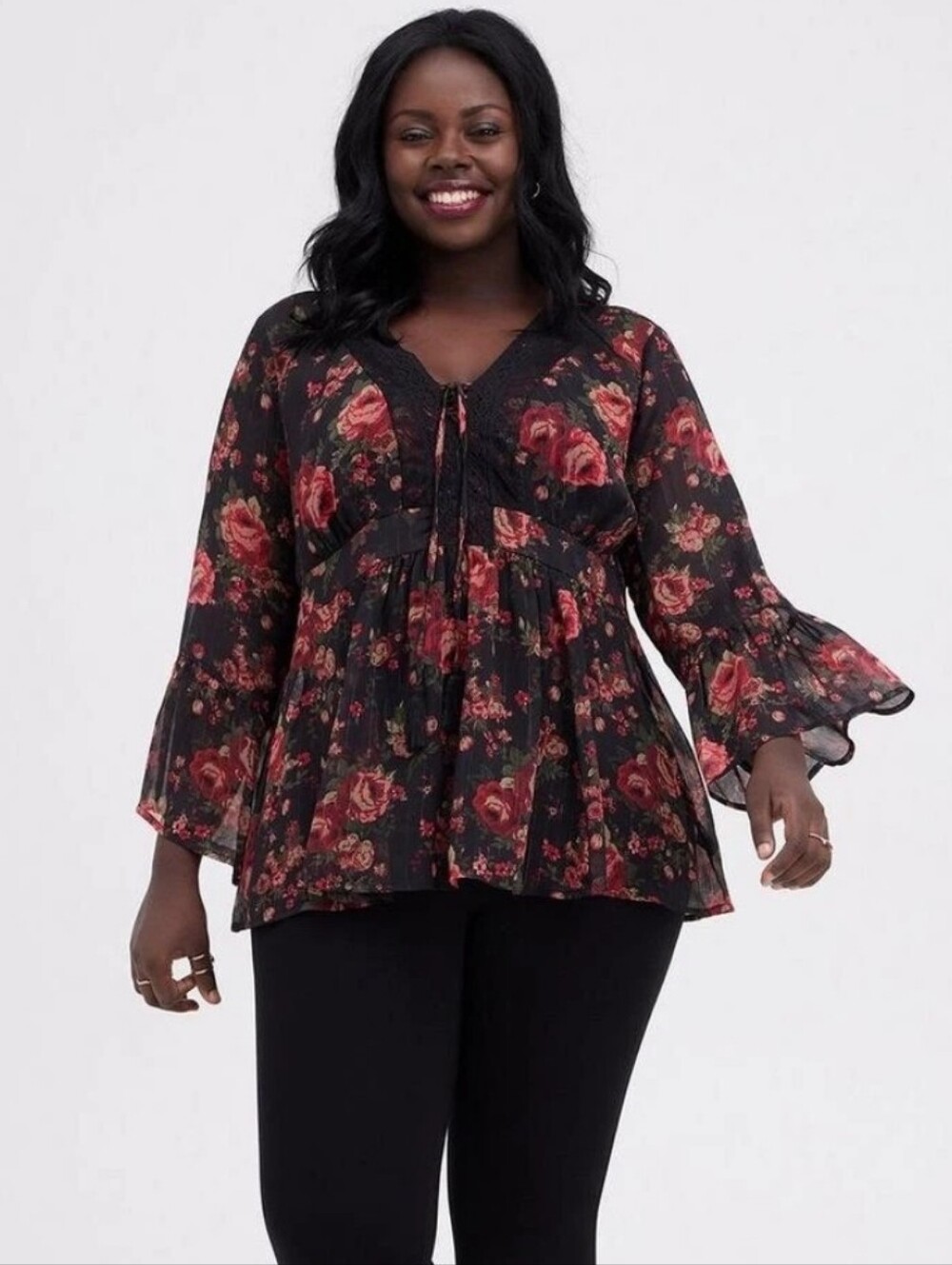 TORRID Black Floral Babydoll Crochet Lace-Up Blouse Whimsigoth Dark Romantic 4X